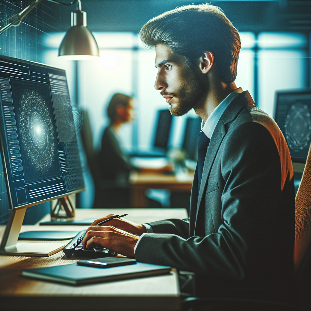 Imagine a unui programator profesionist in birou, lucrand la computer la un proiect pentru crearea unui design unic de <a href=