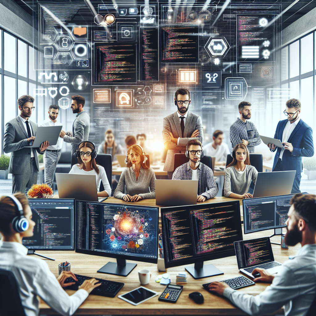 Успешная команда работает над разработкой интернет-магазина, все члены команды имеют европейскую внешность, современное офисное оборудование и технологии.