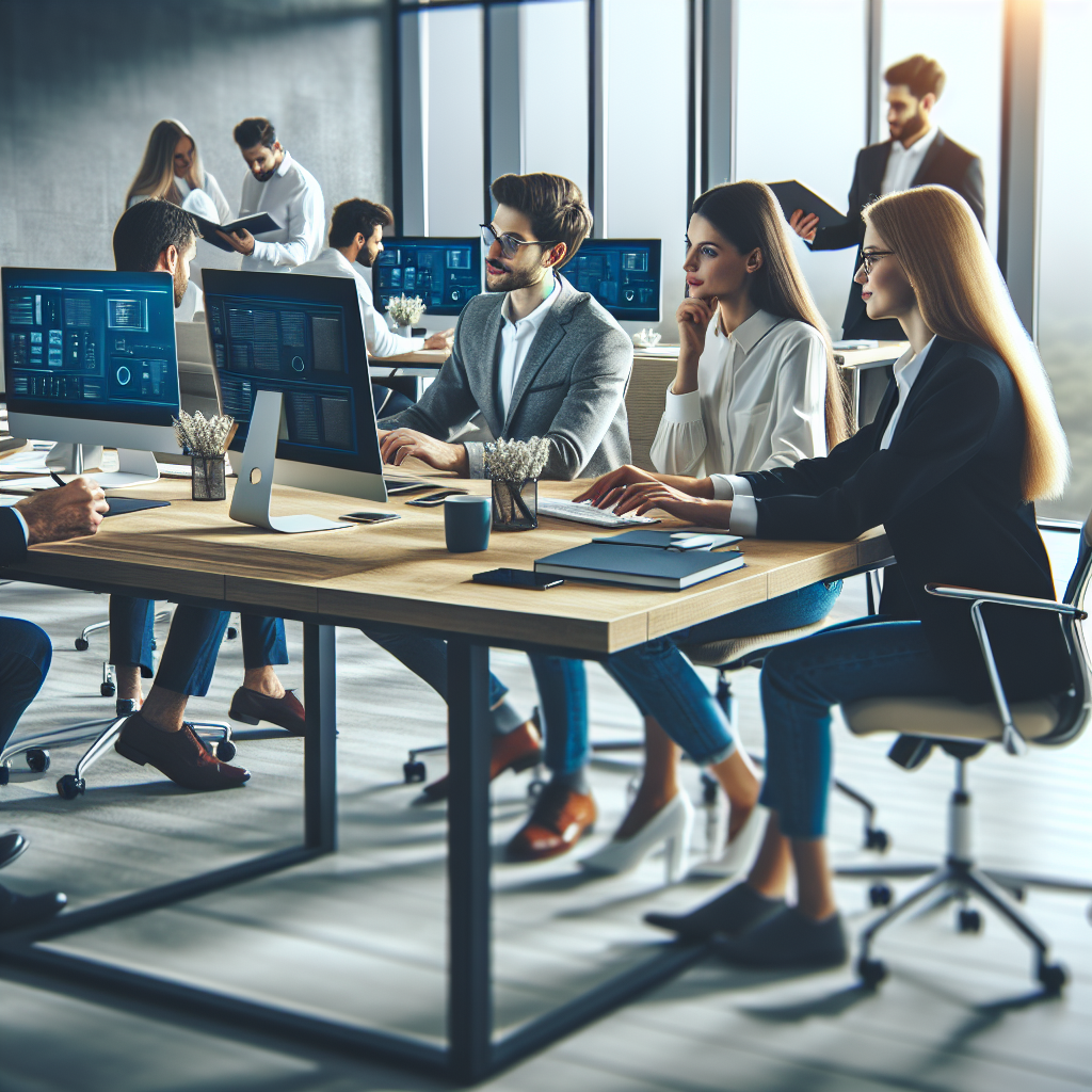Imagine cu un birou modern de IT, cu specialisti europeni care lucreaza la computere, discutand proiecte si idei, intr-un interior modern si confortabil.