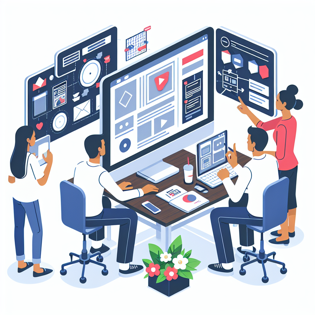 Imaginea arata procesul de dezvoltare a unui site pentru afaceri: designeri care lucreaza la computere, discutand concepte si idei, in fata unei table albe cu note adezive. Toate persoanele din imagine au un aspect european.