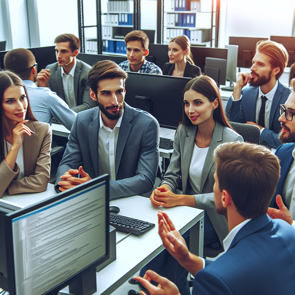 Группа профессионалов в офисе IT-компании, обсуждающих разработку сайтов, с европейской внешностью.
