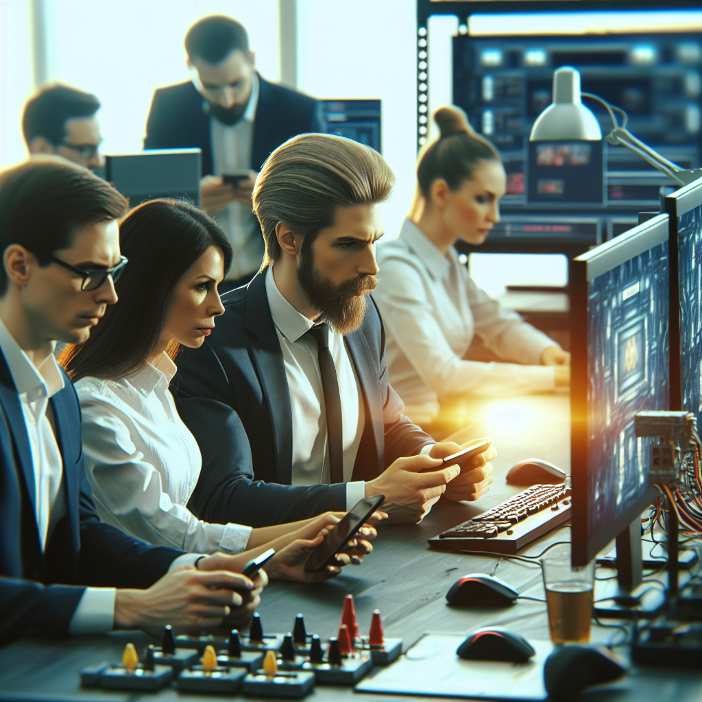 Команда разработчиков мобильных игр, работающих в офисе. Люди европейского типа, окруженные компьютерами и устройствами для тестирования игр, создают профессиональную атмосферу.