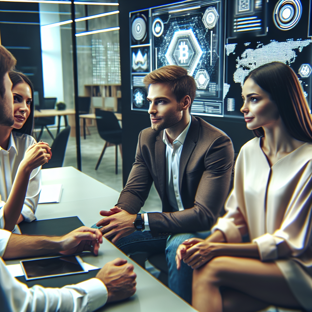 Imaginea unor profesionisti din domeniul IT care discuta despre tehnologiile contractelor inteligente intr-un birou modern. Toti angajatii au un aspect european. Biroul arata elegant si tehnologic, cu ecrane si interfete grafice pe pereti.