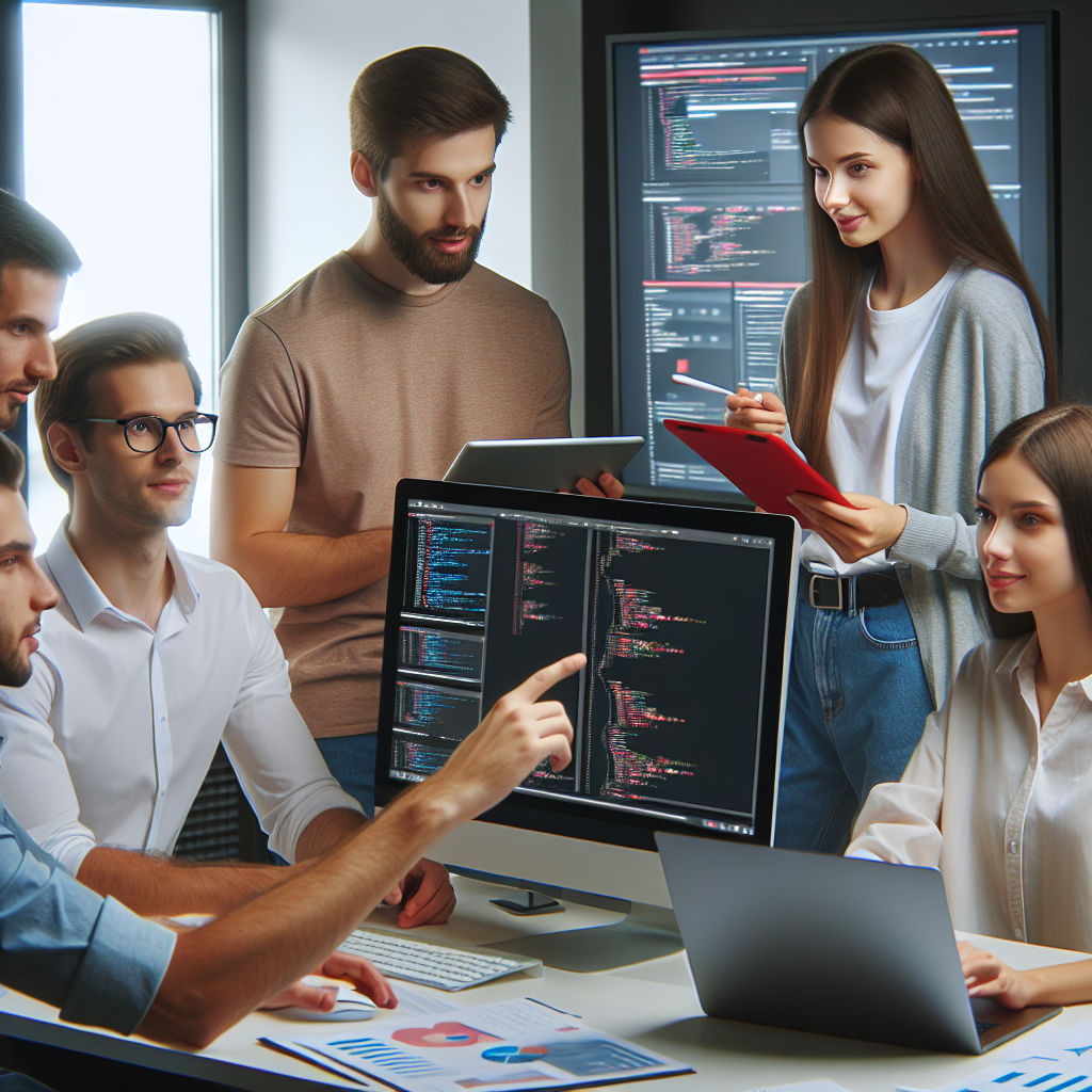 Команда IT-специалистов обсуждает проект разработки сайта, все участники выглядят как европейцы.