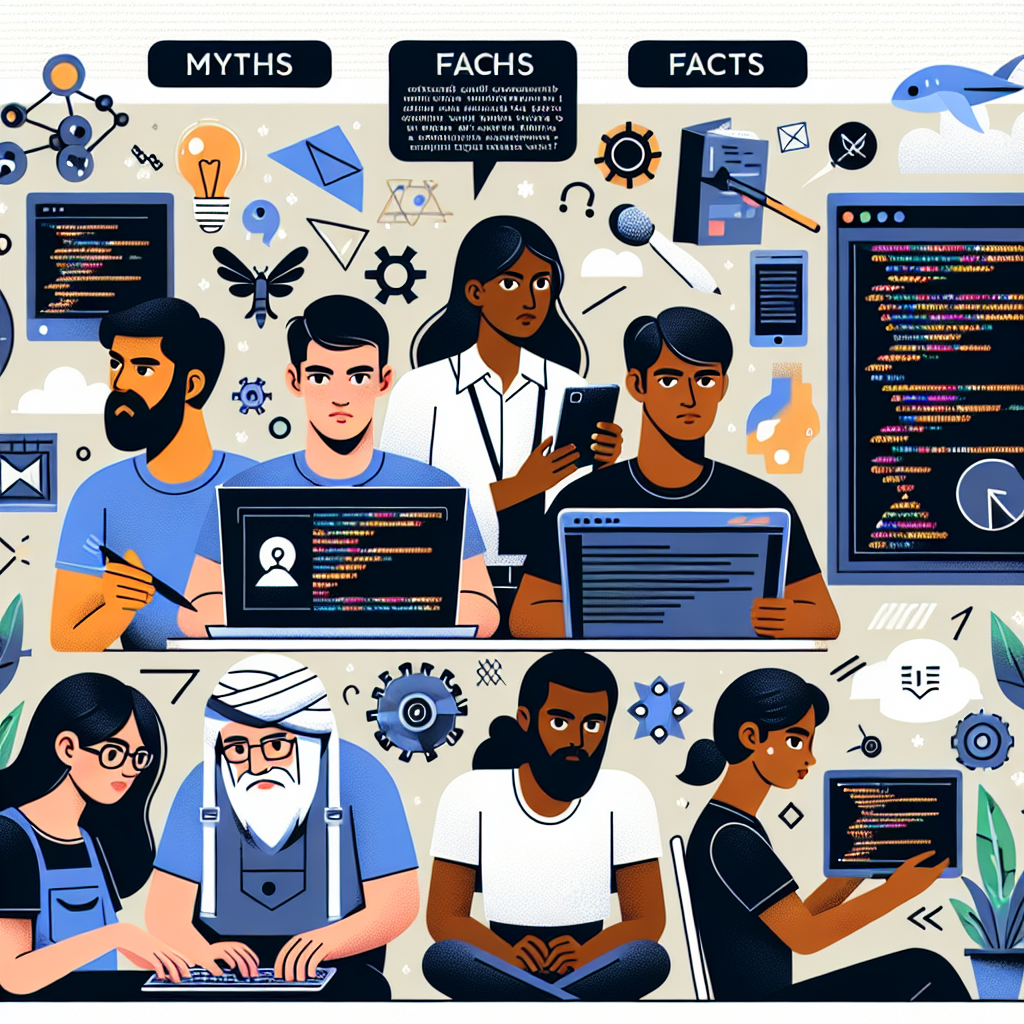 Imagine care ilustreaza mituri si fapte despre dezvoltatorii de site-uri web, cu elemente care evidentiaza diversitatea domeniilor in care activeaza acestia.