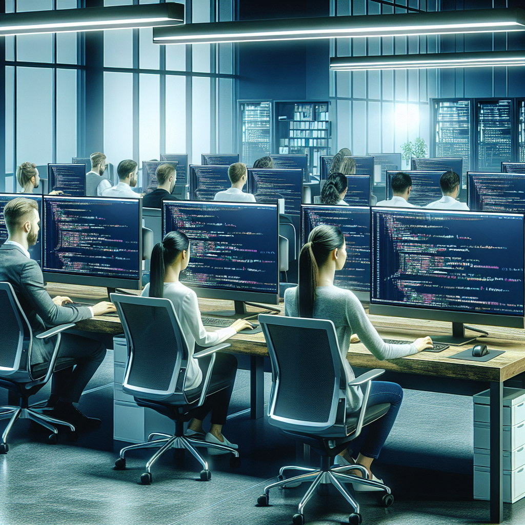 Birou IT modern cu mai multi specialisti europeni lucrand la computere, afisand cod <a href=
