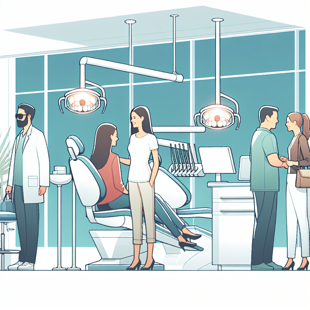 Imagini cu o clinica stomatologica moderna, unde pacientii interactioneaza cu personalul prietenos. Persoanele au trasaturi europene, iar atmosfera este primitoare si profesionala.