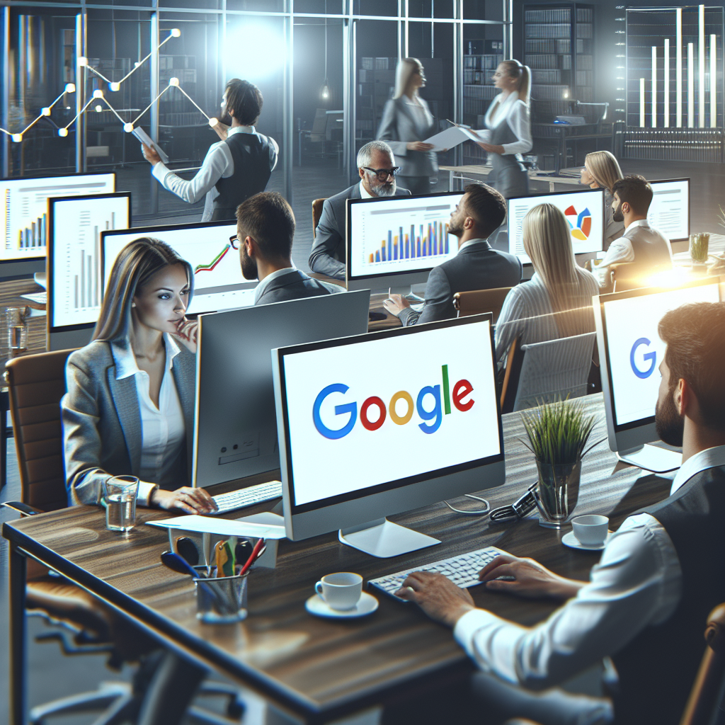 Imagine cu profesionisti lucrand la computere pentru a crea si optimiza un <a href=