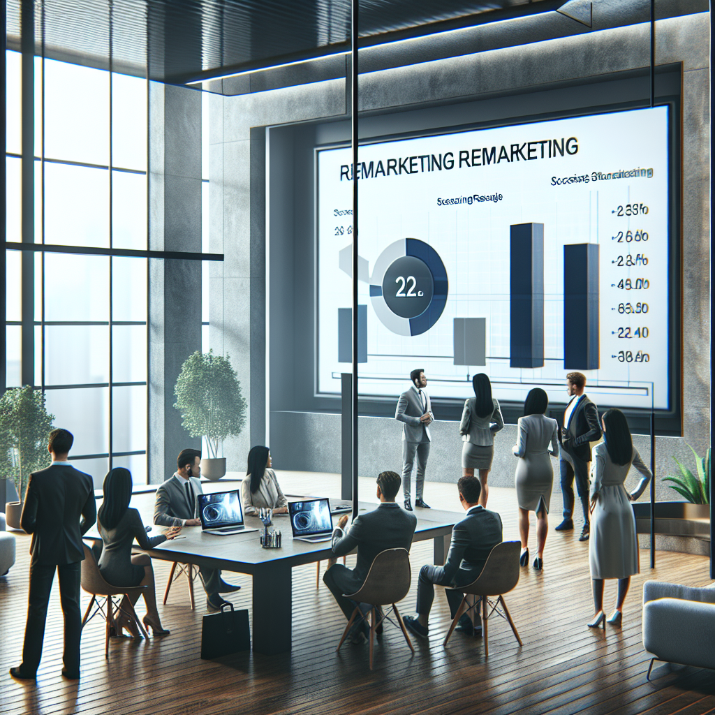 Grupa de oameni de origine europeana analizeaza statisticile de succes ale remarketingului intr-un birou modern, cu o prezentare afisata pe ecran.