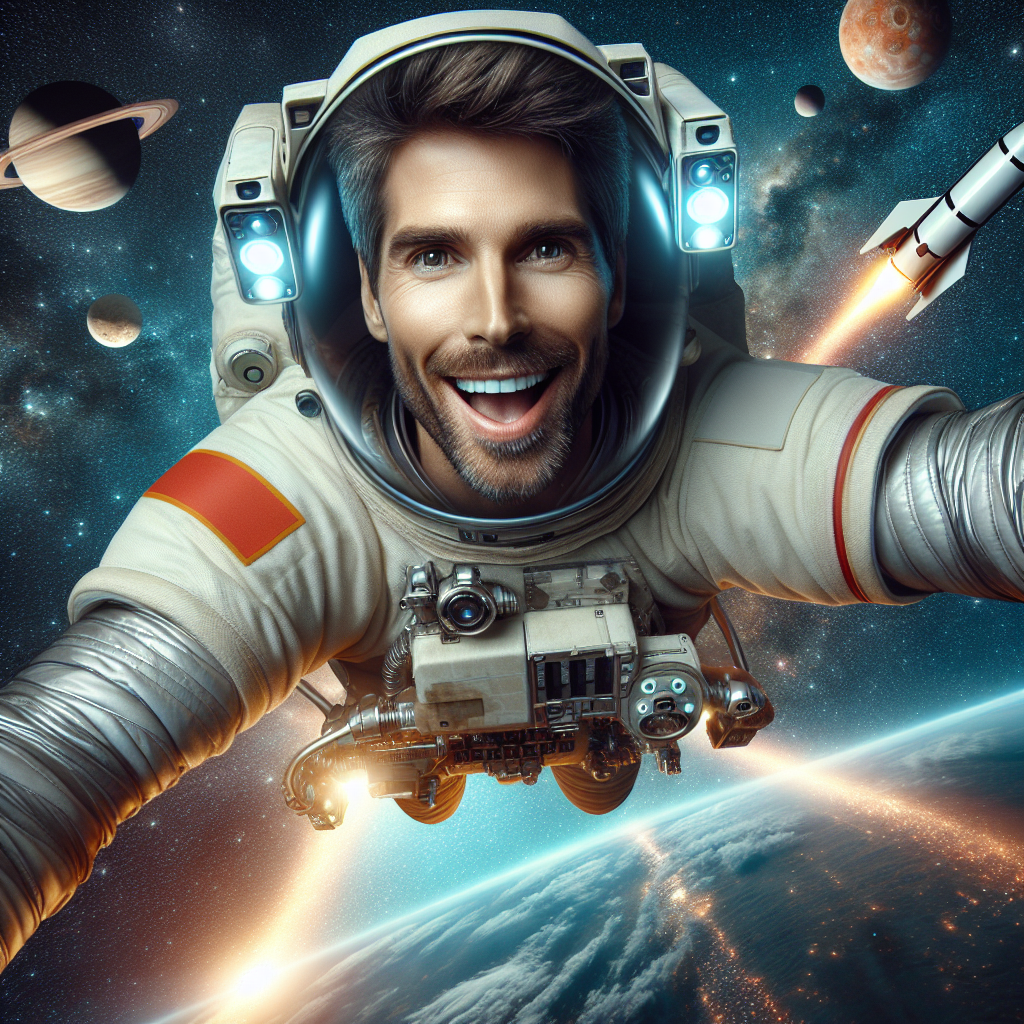 Persoana zboara pe un nava spaciala in ceruri, avand un aspect entuziast si increzator, cu planete in fundal, realizat pentru a semana cu o fotografie reala. Toate personajele au un aspect european.
