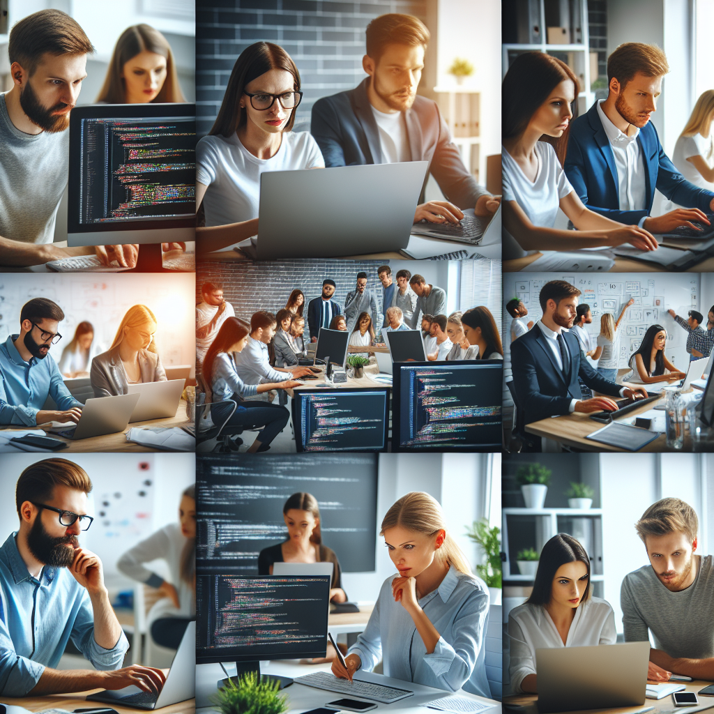 Профессиональная IT-команда работает над раскруткой сайта в офисе. Все сотрудники выглядят европейского типа.