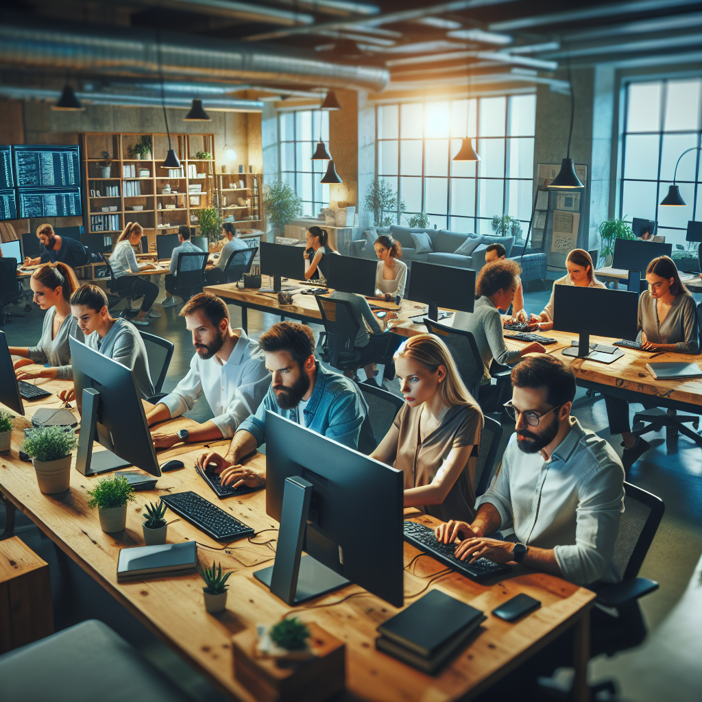 Европейские специалисты работают за компьютерами в уютном офисе IT-компании, изображение выглядит как фото.