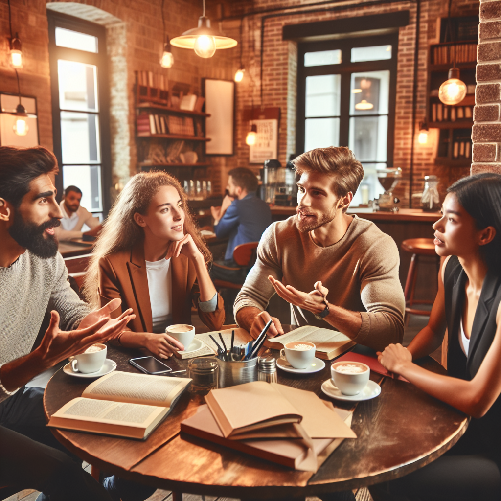 Imagini cu oameni care discuta mituri despre crearea unui site intr-o atmosfera prietenoasa, toti avand o infatisare europeana, asezati la o masa intr-un cafe.