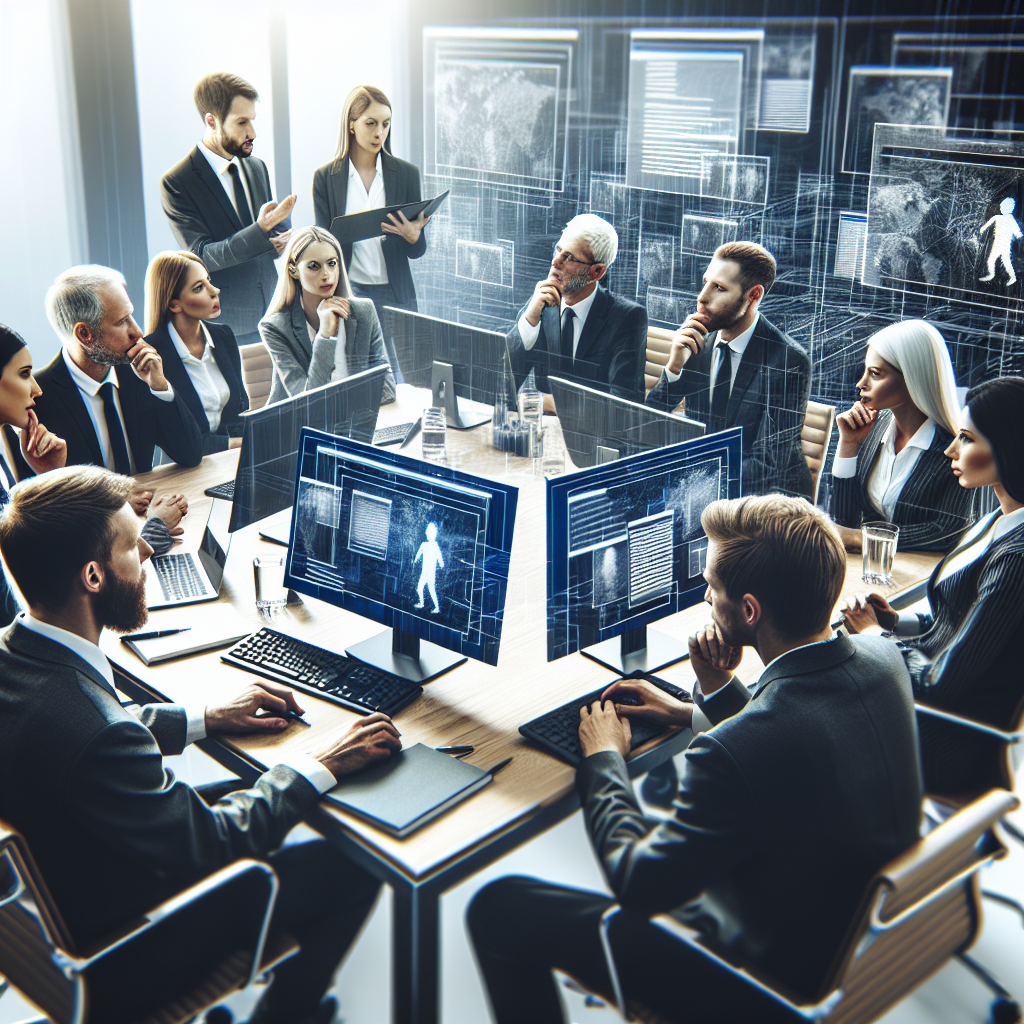 Grupa de europeni discuta despre crearea unui website, in fata computerelor si ecranelor.