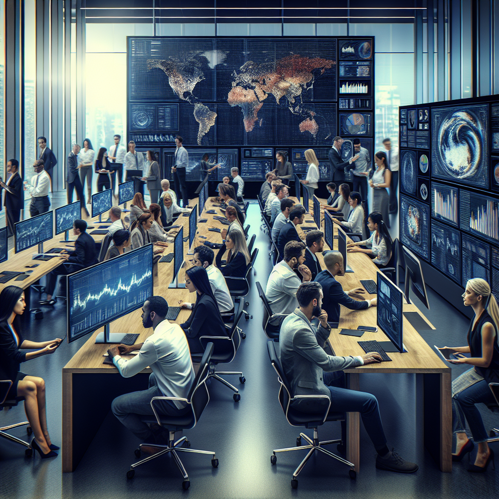Imaginea unui birou IT in care o echipa de profesionisti discuta strategii pe fondul computerelor si a unui ecran cu grafice. Toate persoanele au un aspect european, iar imaginea trebuie sa arate ca o fotografie, astfel incat sa nu poata fi diferentiata de o fotografie reala.