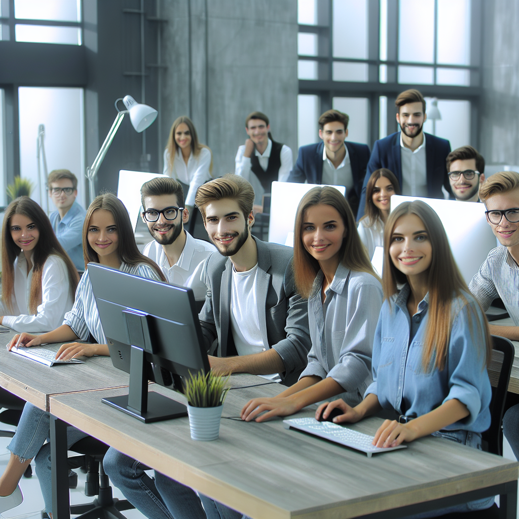 Birou modern cu tineri europeni lucrand la computere si comunicand. Acestia arata prietenosi si profesionisti, inconjurati de <a href=