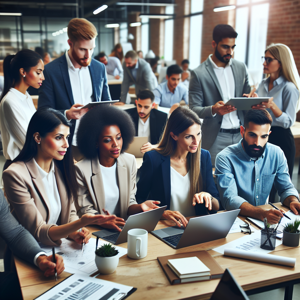 Imaginea unui birou modern in care angajati lucreaza la proiecte pentru clienti, discutand idei si concepte, cu laptopuri si tablete pe mese, aratand ca adevarati profesionisti in domeniul lor. Toate persoanele au un aspect european.
