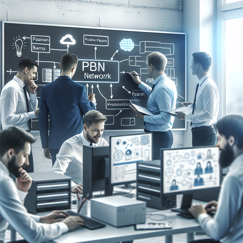 Unul dintre specialistii IT lucreaza la un proiect de creare a unei retele PBN, discutand despre idei la o tabla si la un computer intr<a href=