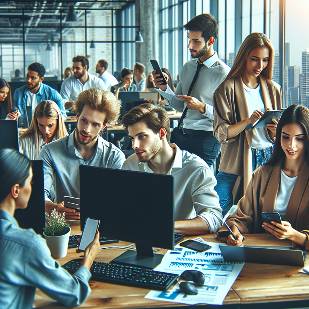 Birou modern cu tineri specialisti care lucreaza la calculatoare si discuta strategia de email <a href=