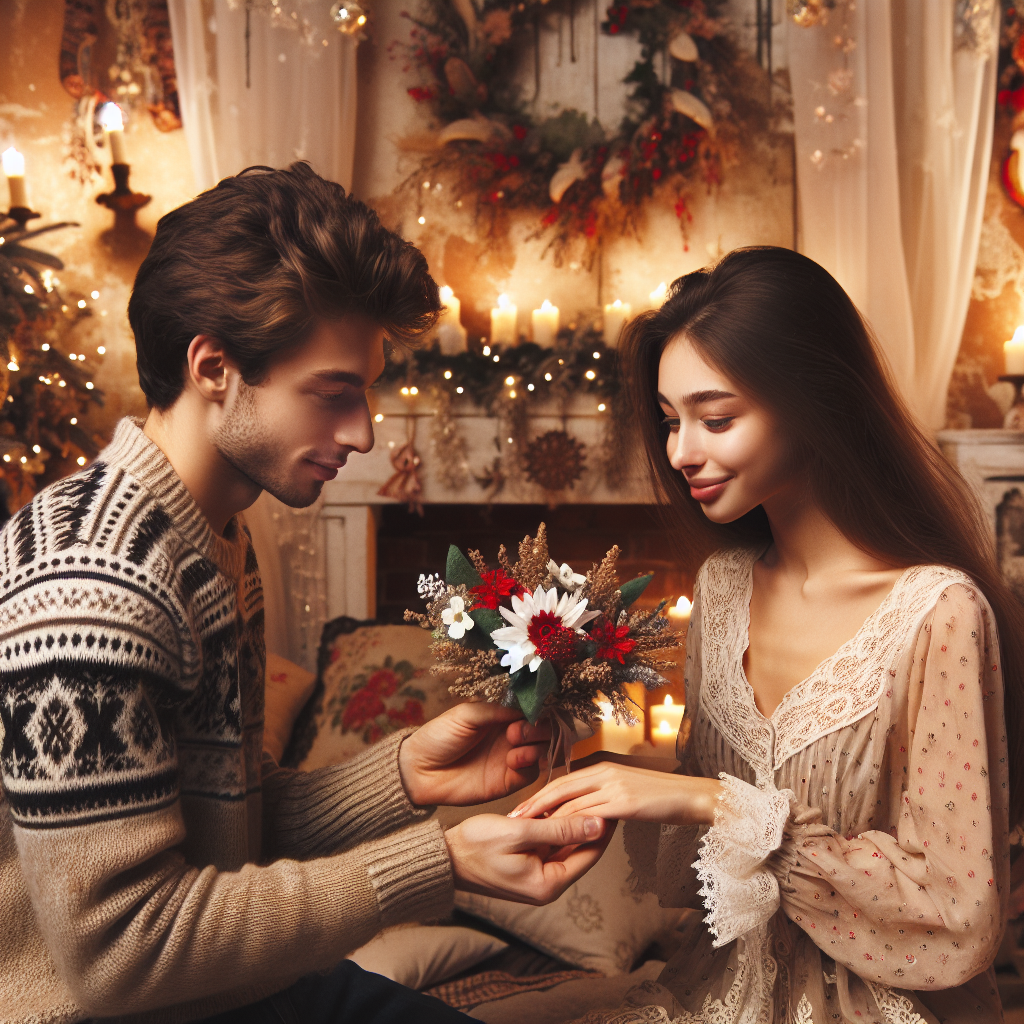 Imagine cu o pereche care isi ofera flori unul altuia intr-un cadru festiv, confortabil. Fundalul este decorat in stil festiv pentru a crea o atmosfera plina de bucurie. Toate persoanele din fotografie au o infatisare europeana.