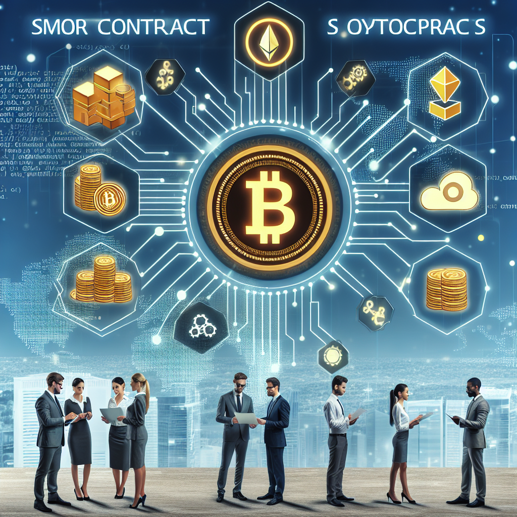 Imagine care ilustreaza functionarea contractelor smart ale criptomonedelor, cu un fundal ce reprezinta finantele tehnologice, incluzand grafice, blocuri si coduri ale contractelor smart, inconjurate de oameni de afaceri europeni.