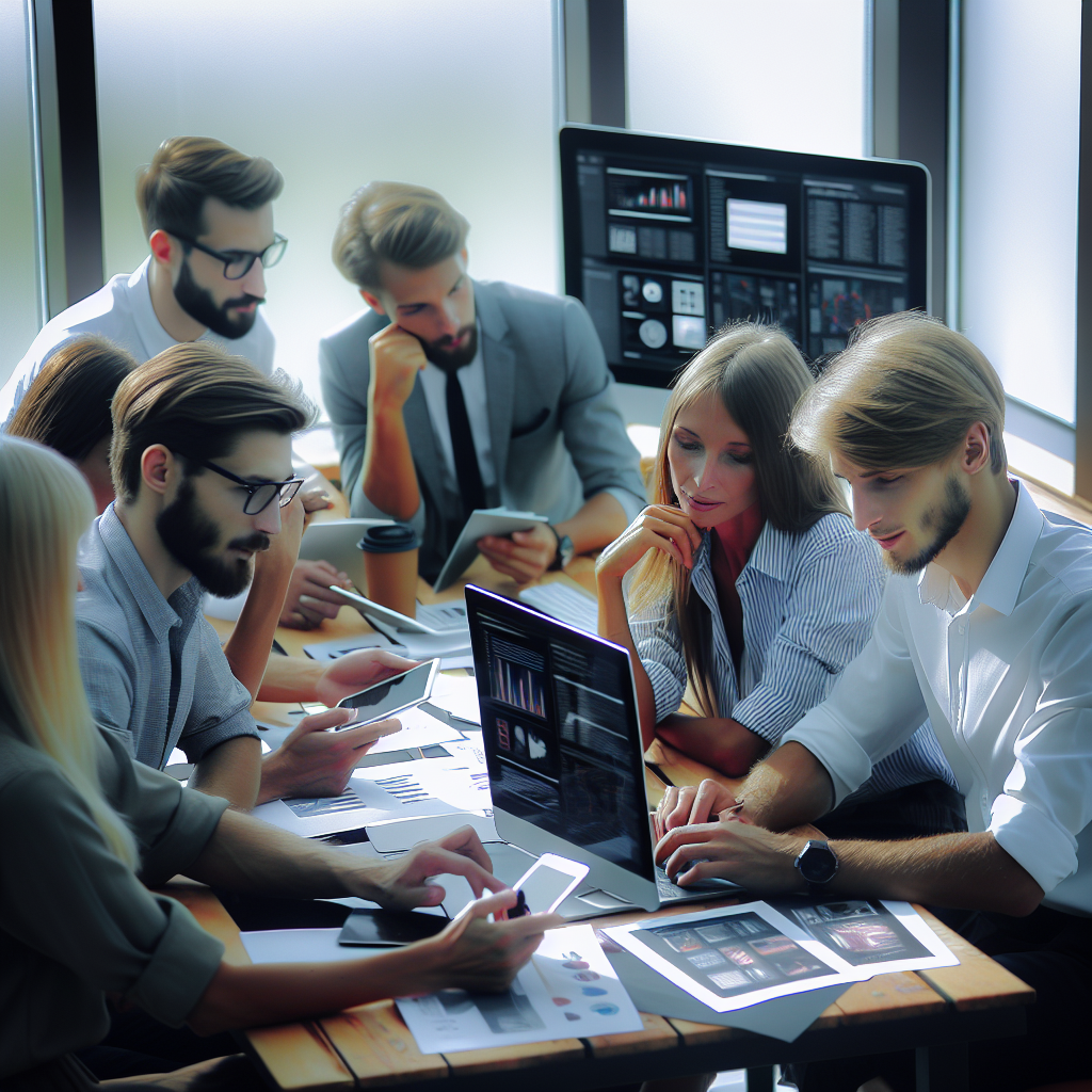 Fotografie cu un grup de profesionisti care lucreaza la crearea si promovarea site-urilor web. Toti au un aspect european si se afla intr-un birou confortabil, discutand strategii si design.