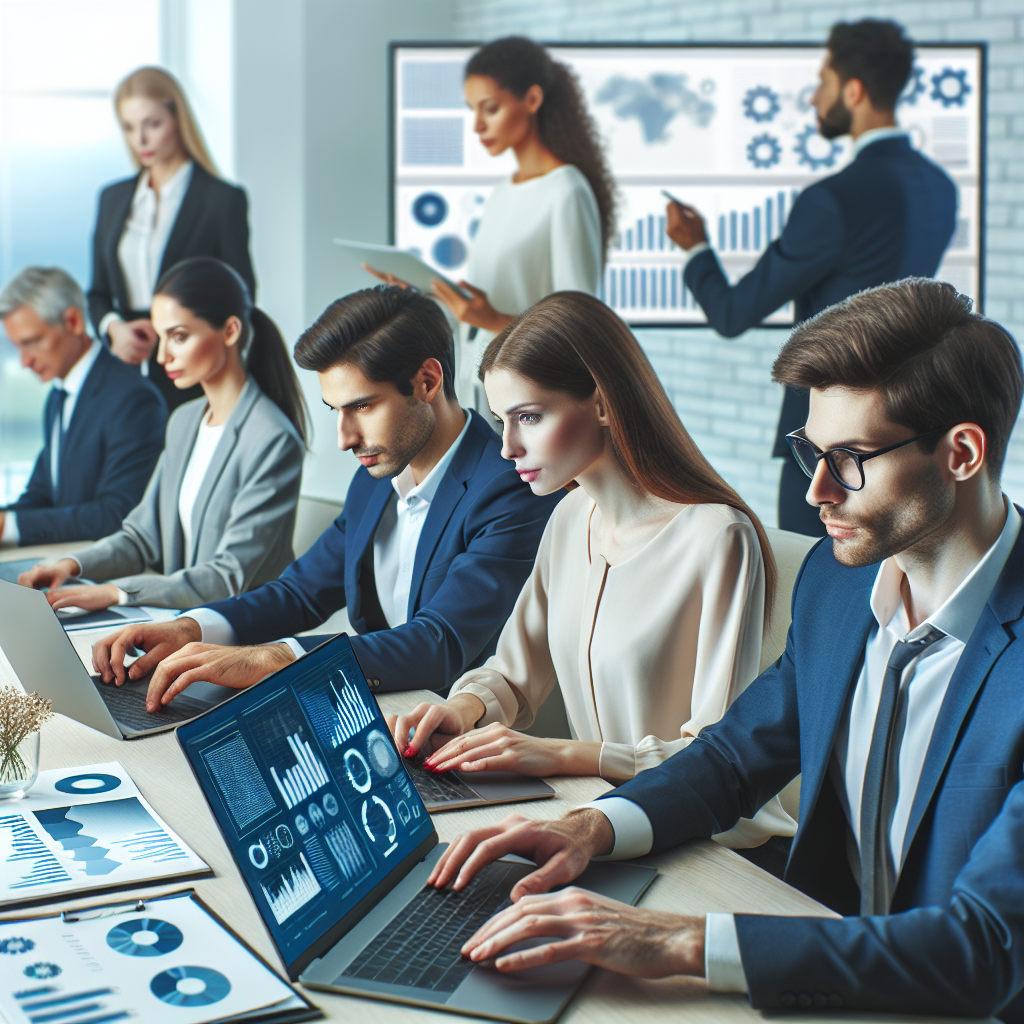 Imagine cu un grup de profesionisti care colaboreaza la un proiect de portal intr-un birou modern, avand toate trasaturile europene, folosind laptopuri si ecrane pline de grafice si analize.
