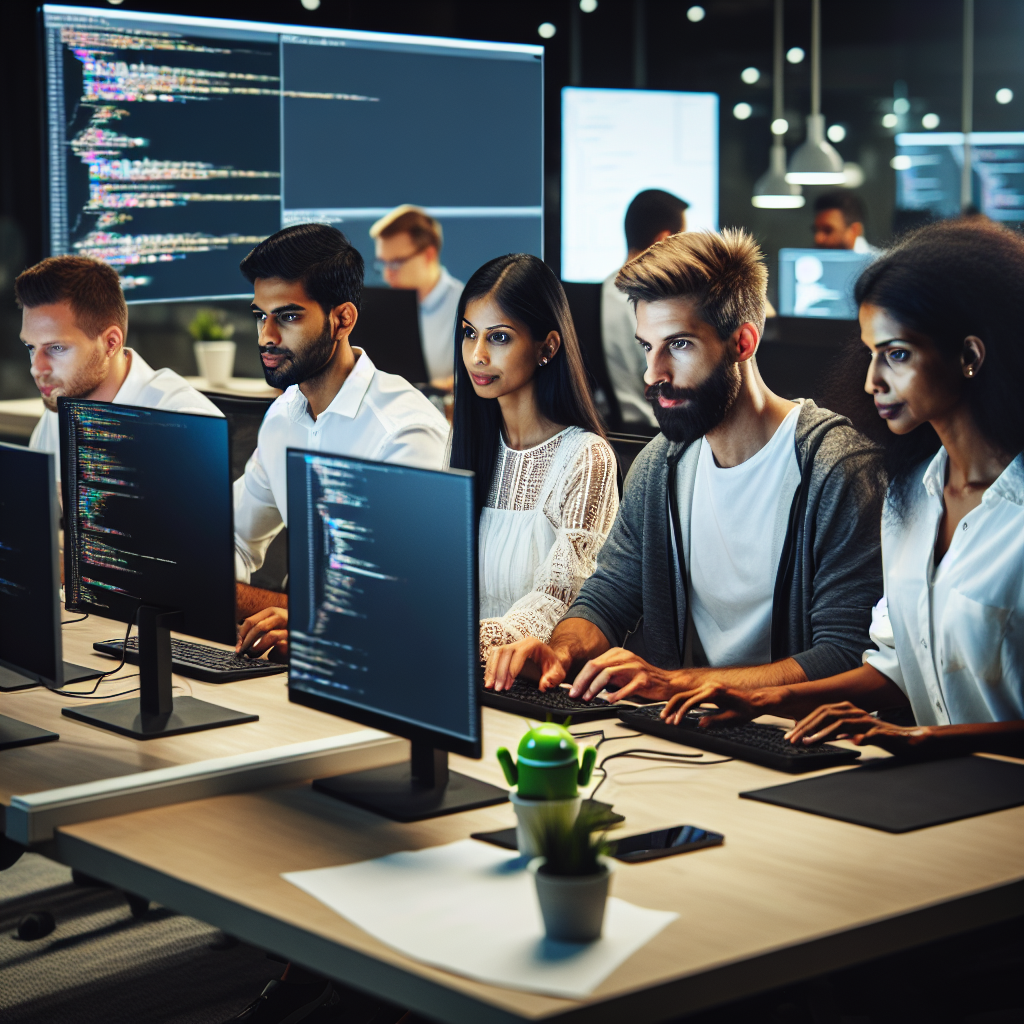 Работники IT-компании, занимающиеся разработкой мобильных приложений под андроид, за компьютерами в современном офисе. Все люди имеют европейскую внешность.