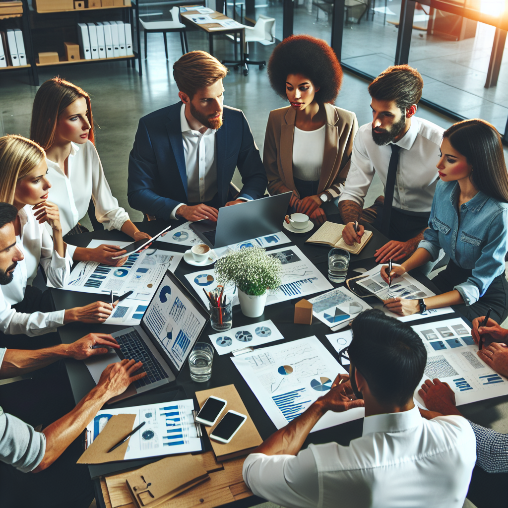 O echipa de profesionisti discuta un proiect intr-un birou modern al unei companii IT. Ei stau la masa, unde se afla laptopuri, grafice si documente. Aspectul tuturor persoanelor este european, iar atmosfera locului reflecta spiritul dinamic si creativ al muncii in domeniul IT.