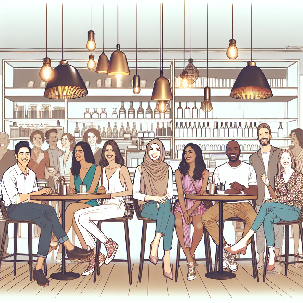 Imagine cu un cafenea moderna, decorata stylish, plina de oameni zambitori care se bucura de atmosfera.
