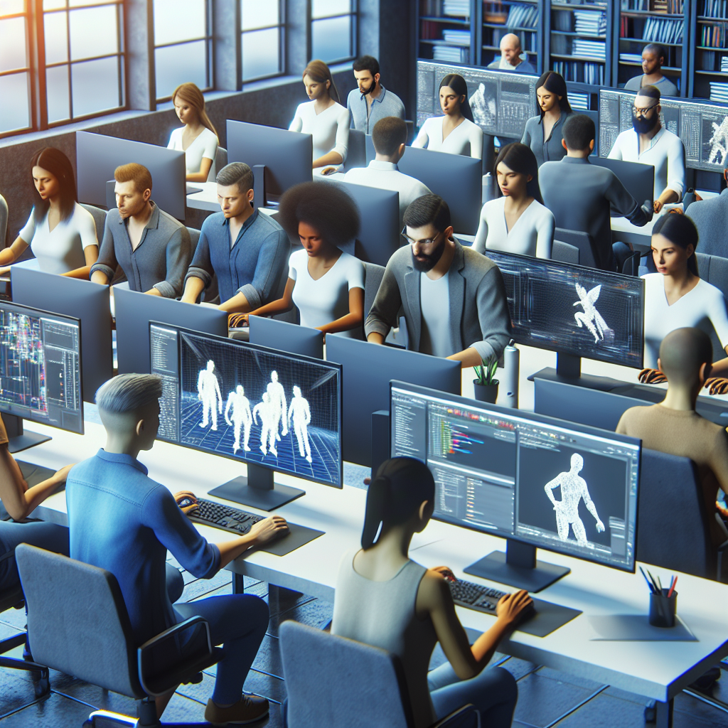 Grupe de oameni care lucreaza la dezvoltarea unui joc 3D in birou, cu computere si software pe ecran, toti oamenii arata european.