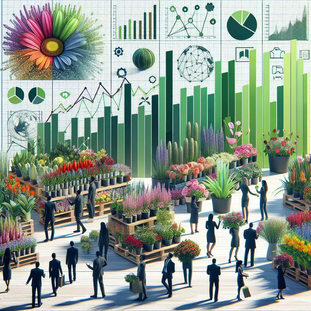 Imagine realista a grafice si diagrame care reflecta tendintele si prognozele de pe piata florilor: cresterea popularitatii magazinelor online, tendinte ecologice, varfuri sezoniere de <a href=