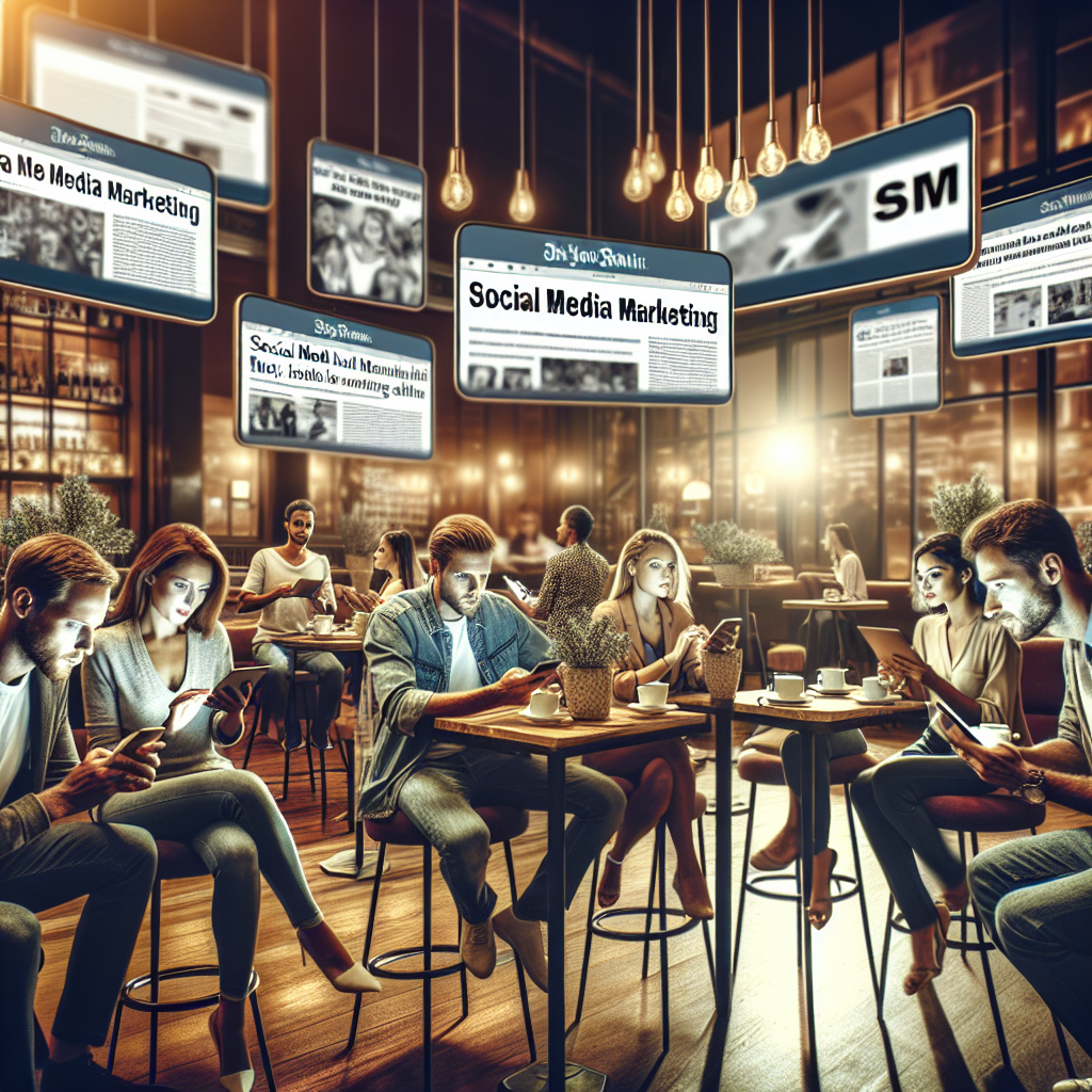 Imagine cu oameni care citesc articole pe dispozitivele lor intr-o cafenea urbana, cu elemente de SMM vizibile pe ecran. Toate chipurile sunt de tip european.