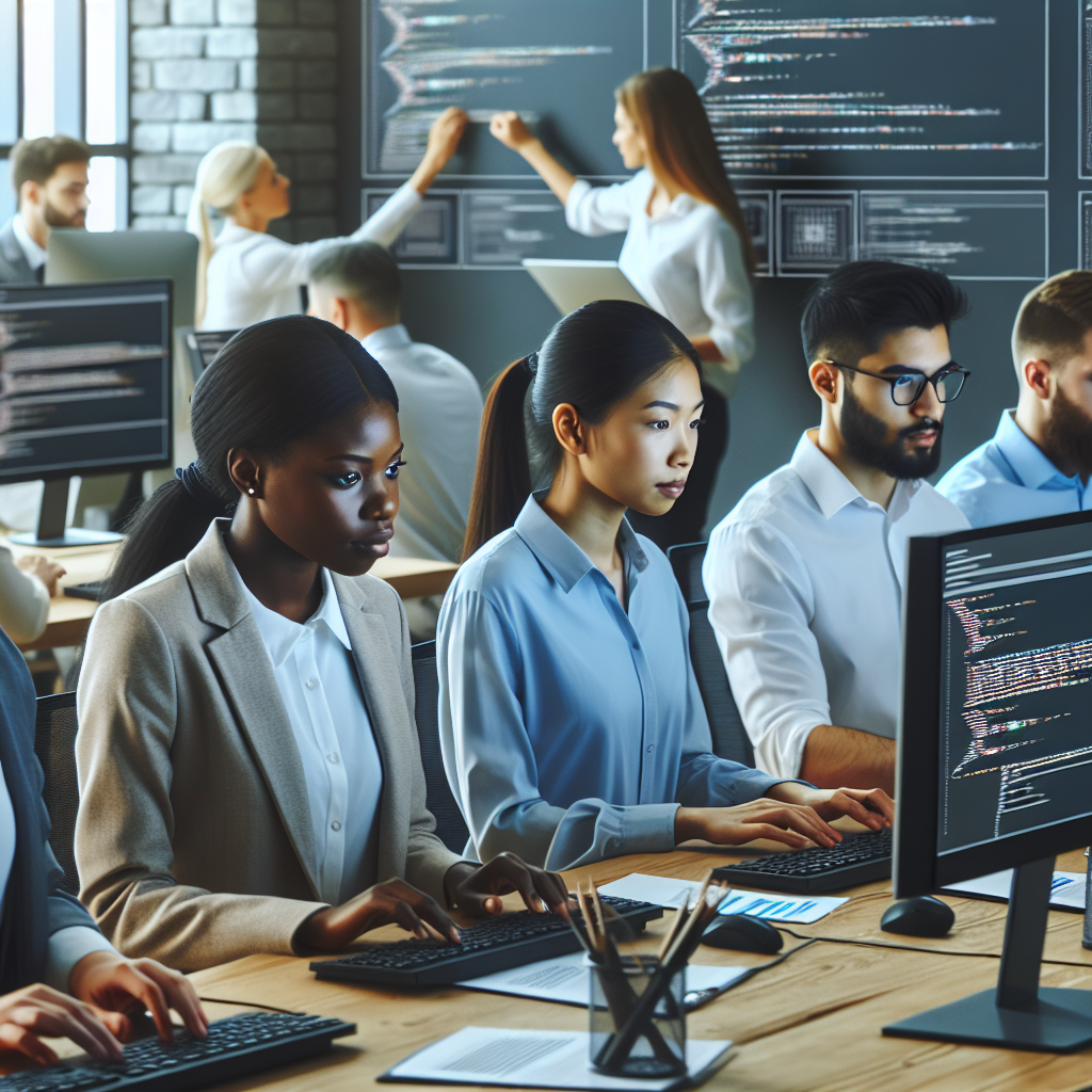 Люди европейского типа работают за компьютерами в современном офисе IT-компании.