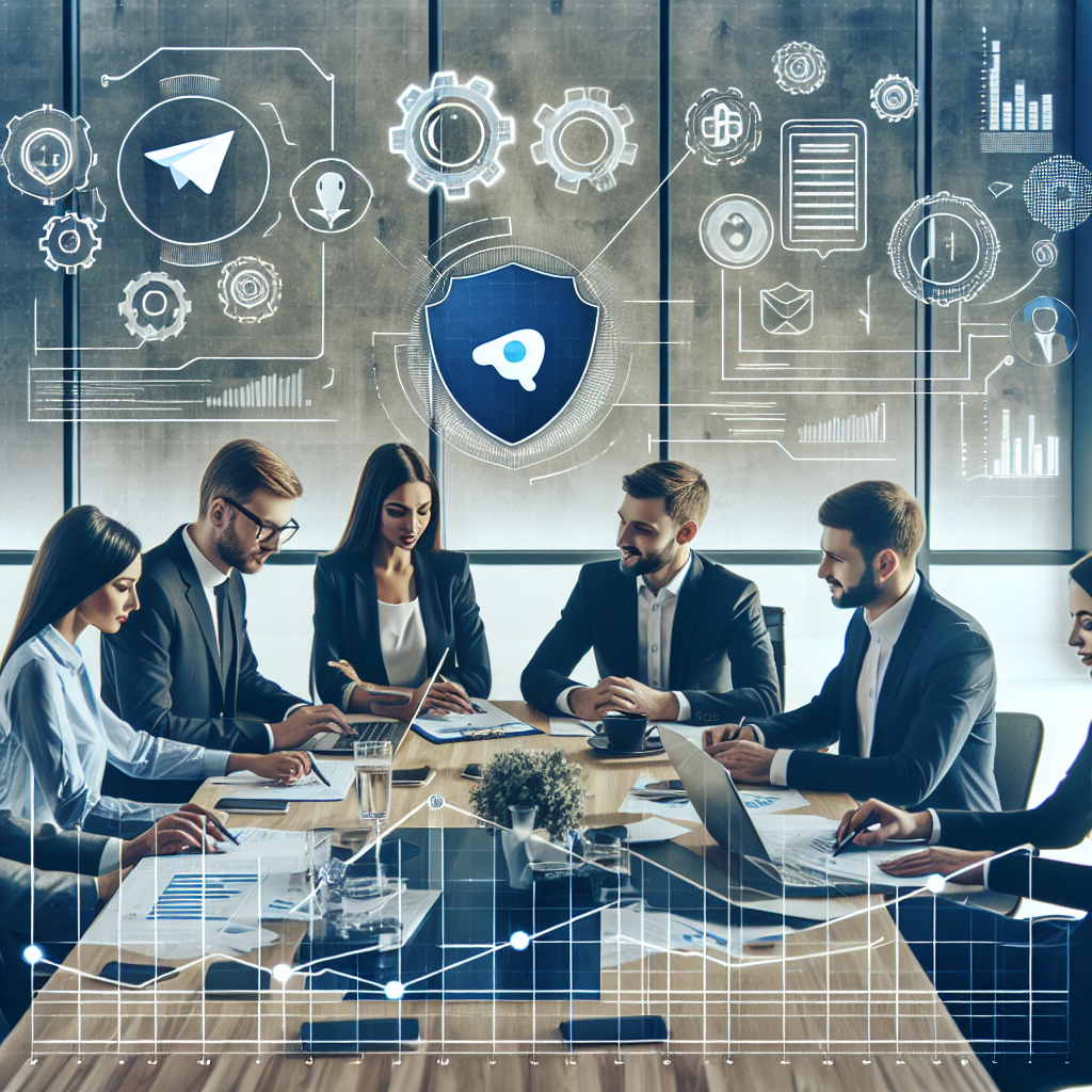 Intalnire de afaceri intr-un birou modern, unde un grup de europeni discuta strategii si functionalitati pentru dezvoltarea unui bot Telegram, avand laptopuri si grafice pe masa.