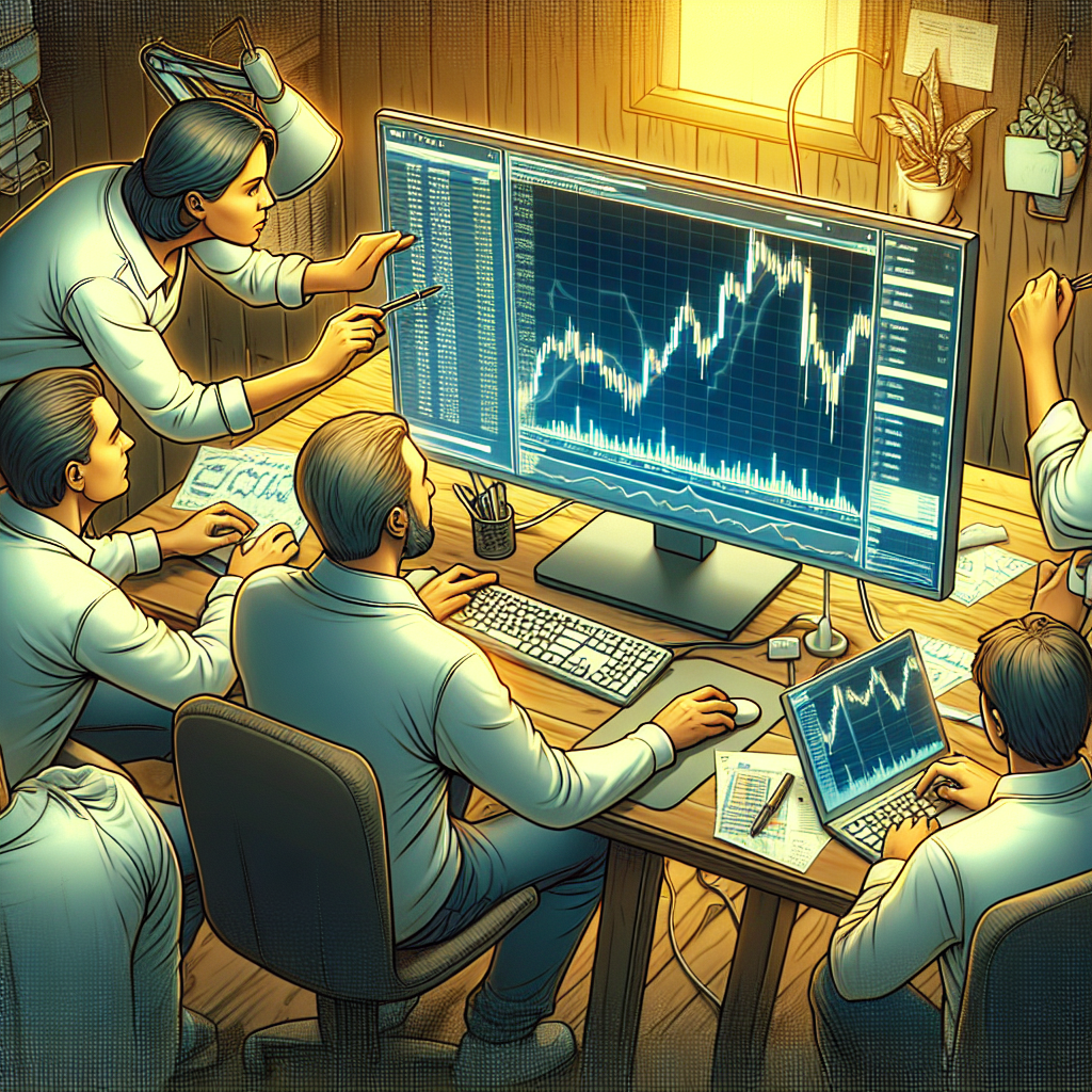 Oameni in jurul unui calculator, pe ecran un grafic al criptomonedelor, toti avand un aspect european, lucrand cu un <a href=