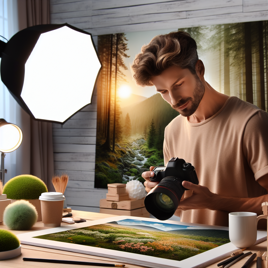Imaginea unui studio foto confortabil, unde un fotograf cu fata europeana lucreaza, inconjurat de peisaje cu fundaluri naturale frumoase, care subliniaza procesul unei sesiuni foto.
