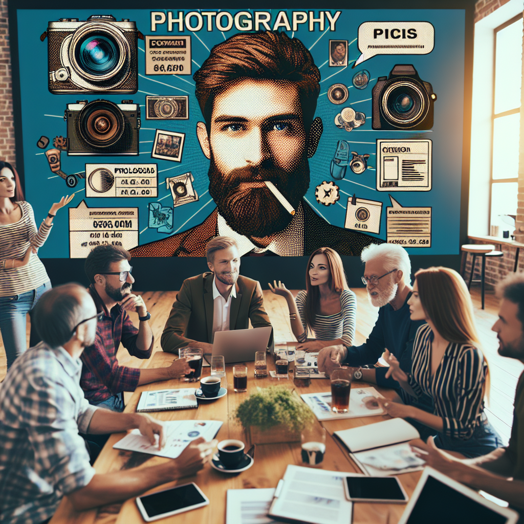 Imaginea unui grup de oameni care discuta diferite oferte si preturi ale fotografilor intr-un cafeneau confortabil din <a href=