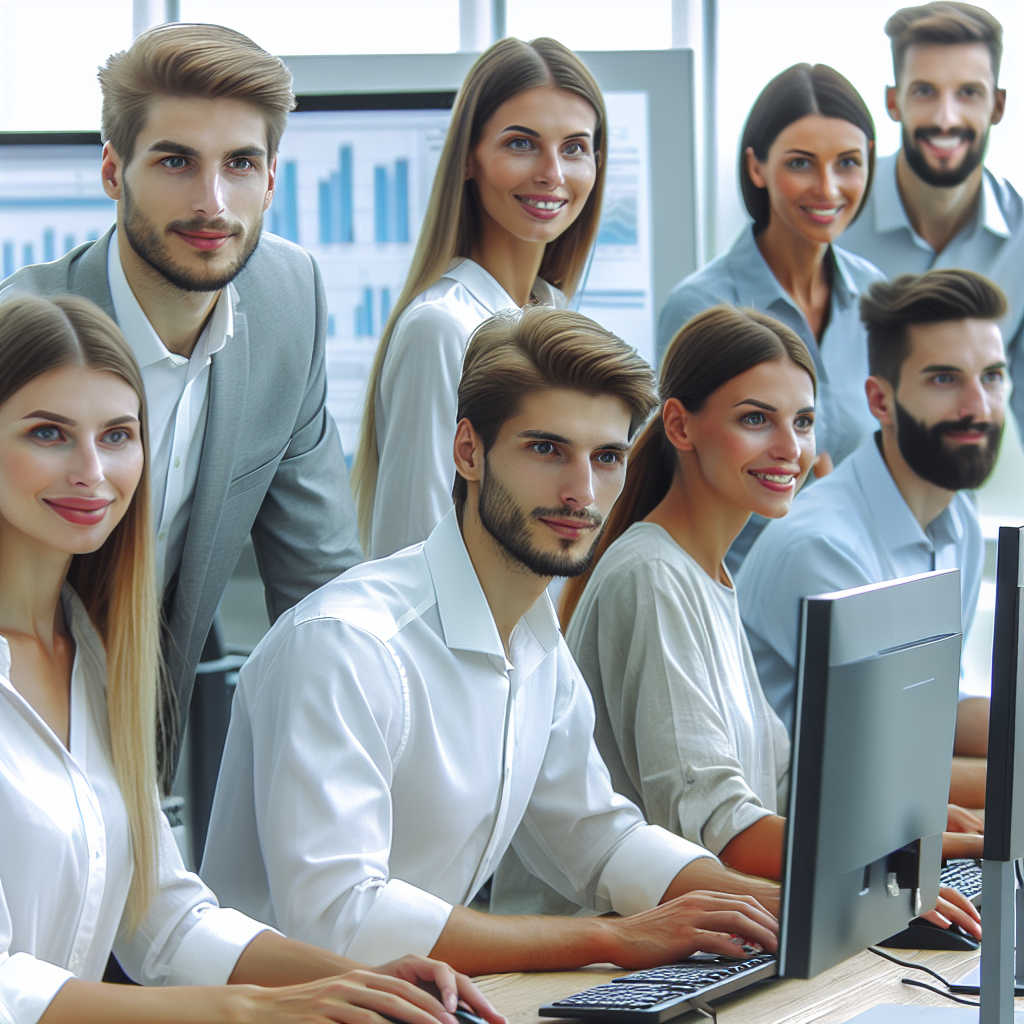 Команда профессионалов в офисе IT-компании, работающих над проектом, с позитивными выражениями лиц, экранами компьютеров и графиками на стенах.