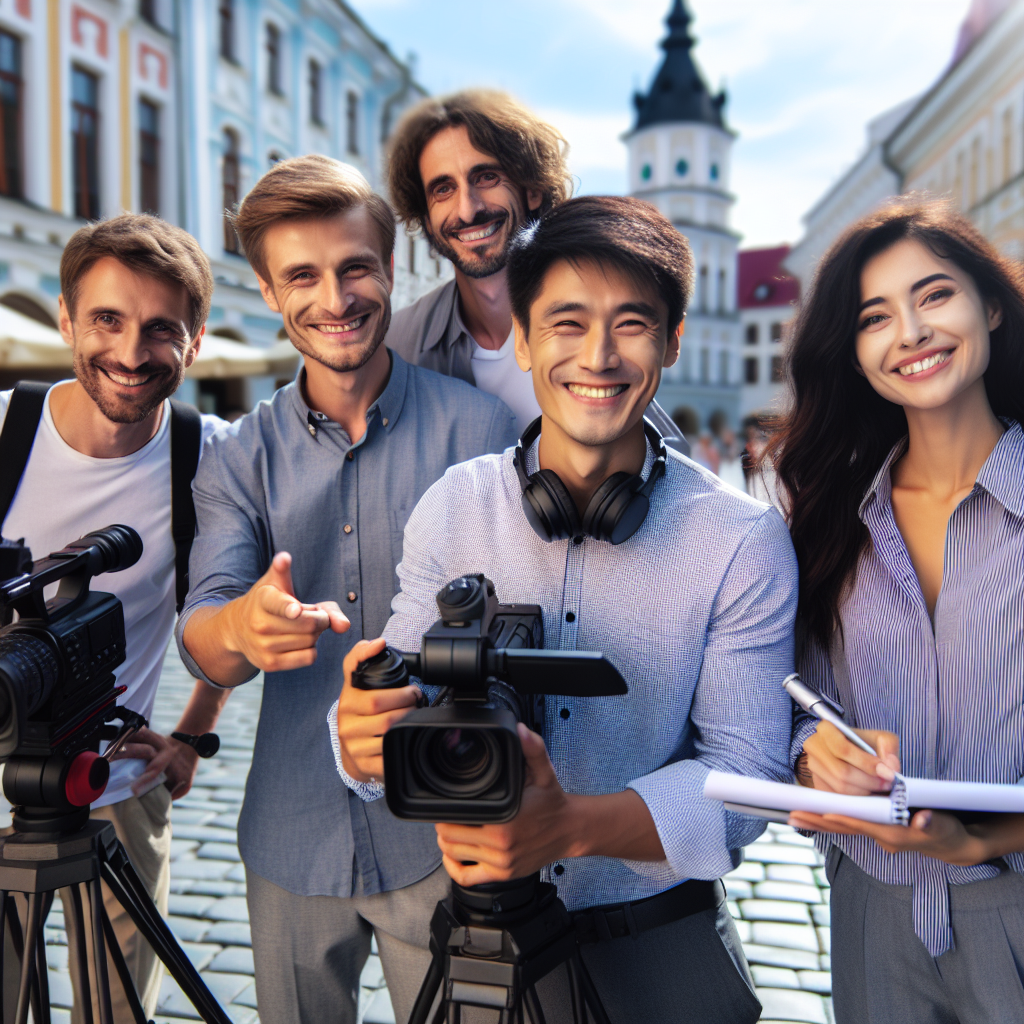 Grup de profesionisti videografi in timpul filmarii unui videoclip publicitar in <a href=