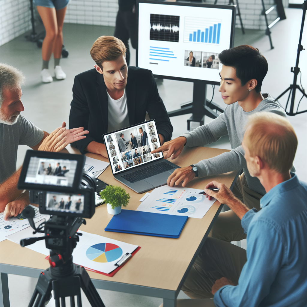 Grup de oameni care lucreaza la crearea unui videoclip publicitar: operator cu camera, regizor care ofera instructiuni si client ce revizuieste materialele realizate. Toate persoanele au aspect european, iar in jur se poate observa echipamentul de filmare.