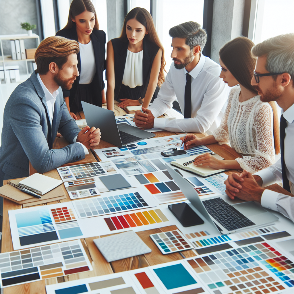 Imagine cu o echipa de designeri profesionisti discutand despre proiectul de creare a stilului de brand pentru un business, cu diverse mostra pe masa. Toate persoanele au infatisare europoidala, intr-un mediu de birou, cu laptopuri si documente.