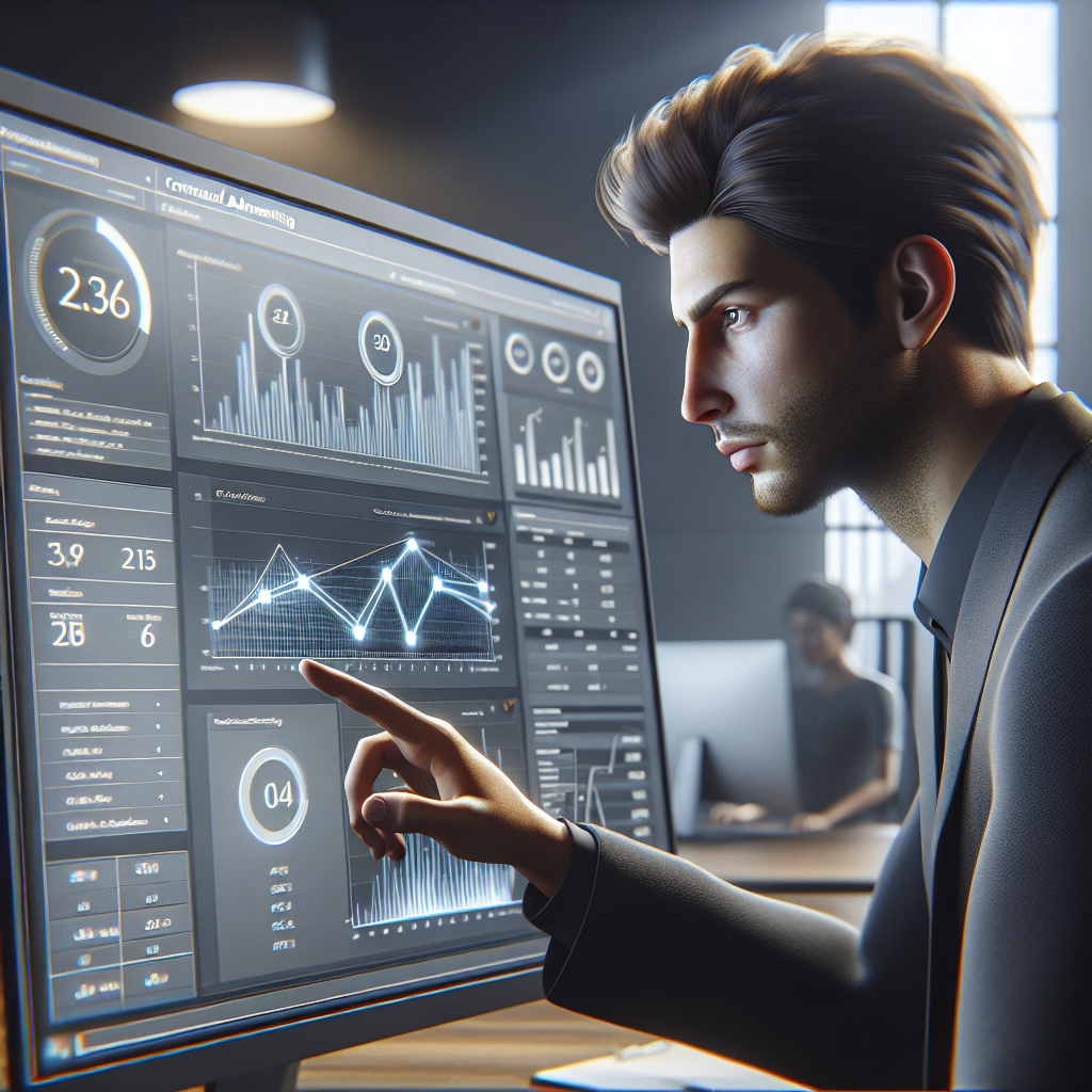 Un angajat de birou european analizeaza datele publicitatii contextuale pe ecranul computerului, cu grafice de crestere si indicatori de <a href=