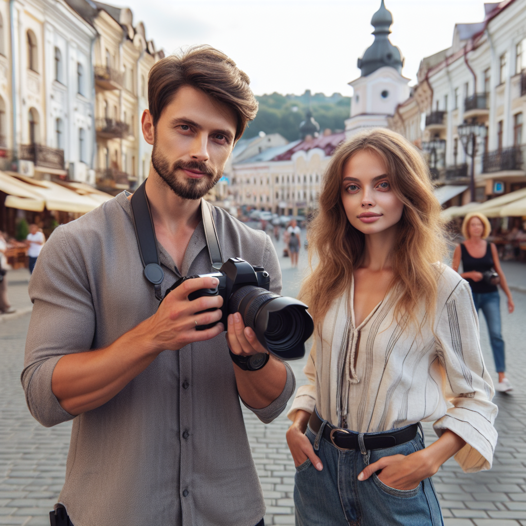 Imagine cu un fotograf care colaboreaza cu clienti pe strada in Chisinau, avand toate persoanele cu un aspect european.