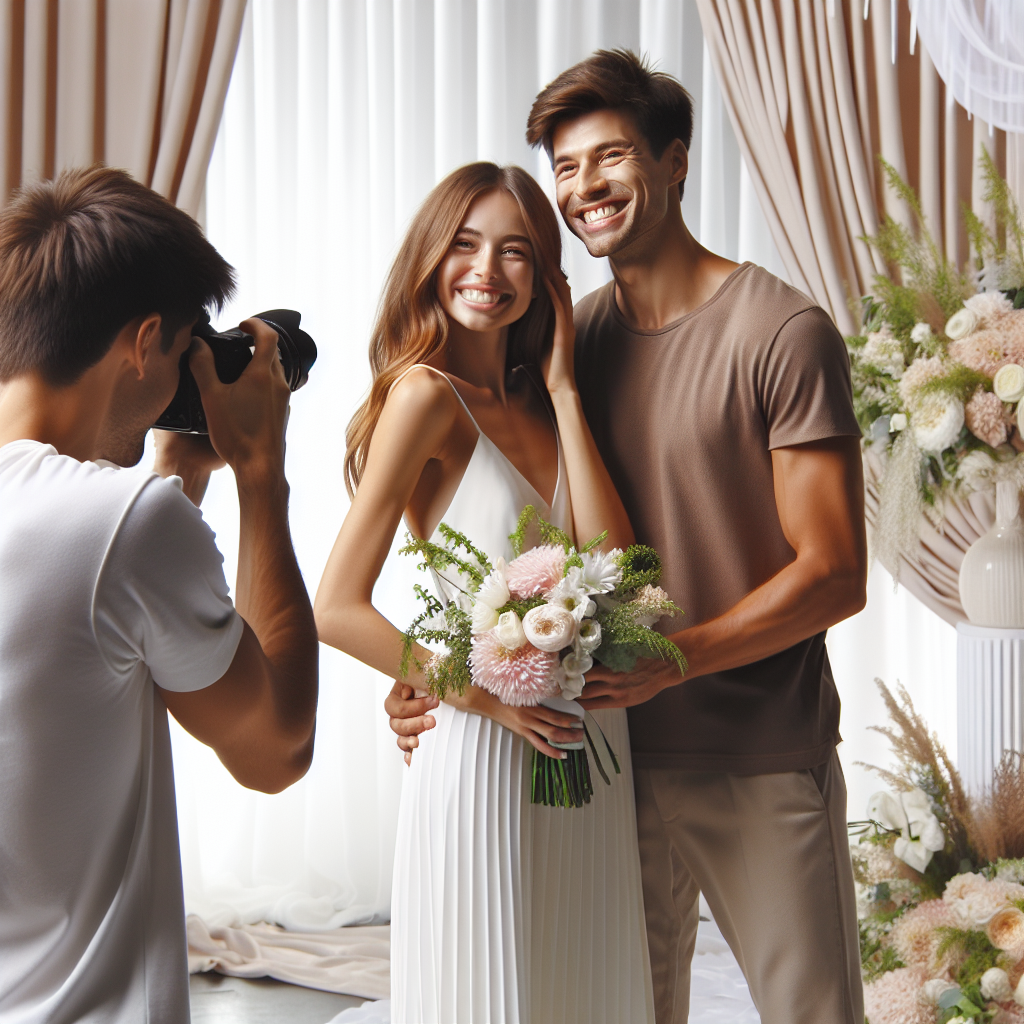Imagine cu o pereche fericita in fata unui fundal frumos de nunta, alaturi de un fotograf care <a href=