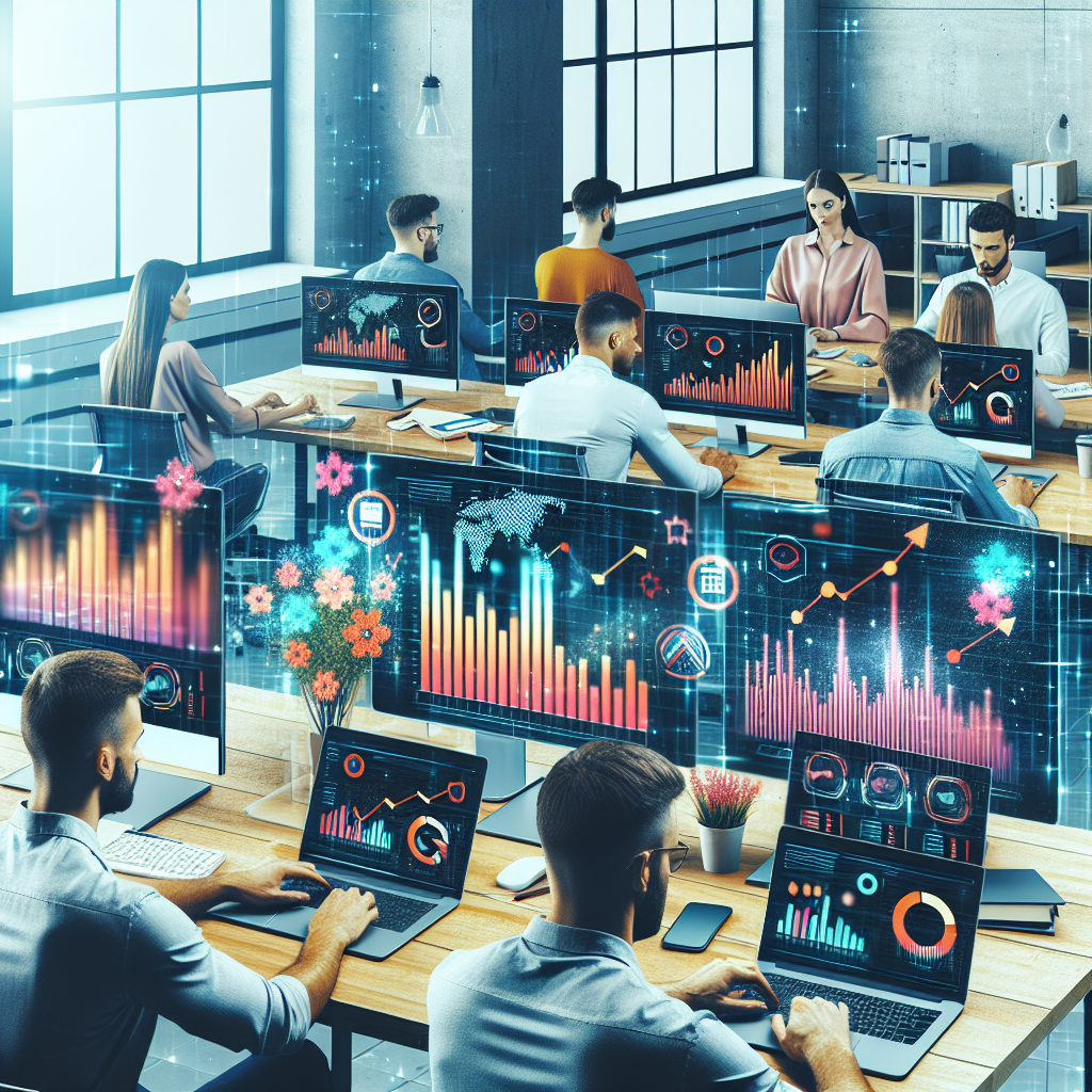 Современный офис IT-компании, заполненный европейскими специалистами, работающими за яркими ноутбуками с экранами, показывающими графики роста успешных веб-сайтов.