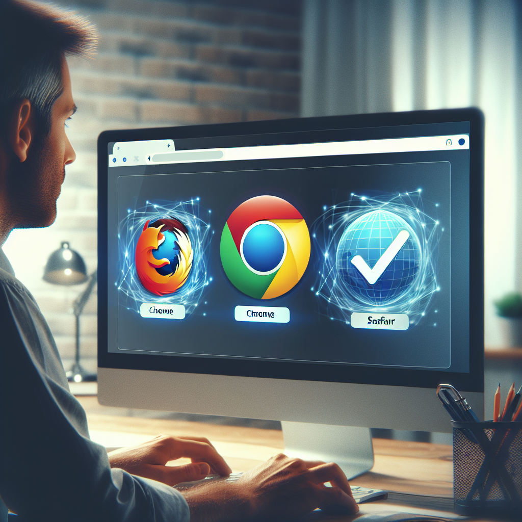 Imagine cu o persoana muncind la un computer, deschizand un browser web. Pe ecran se observa iconitele browserelor populare, cum <a href=