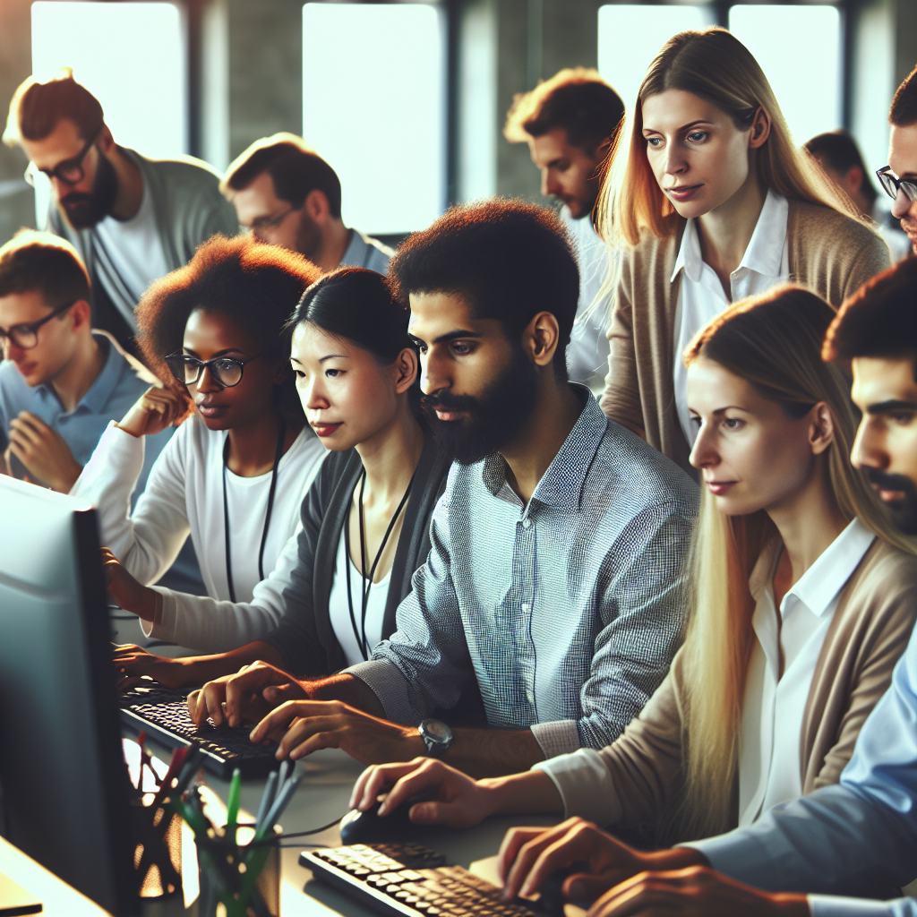 Команда IT-специалистов, работающая над проектом в офисе с европейскими людьми, окруженными компьютерами и технологическими устройствами.