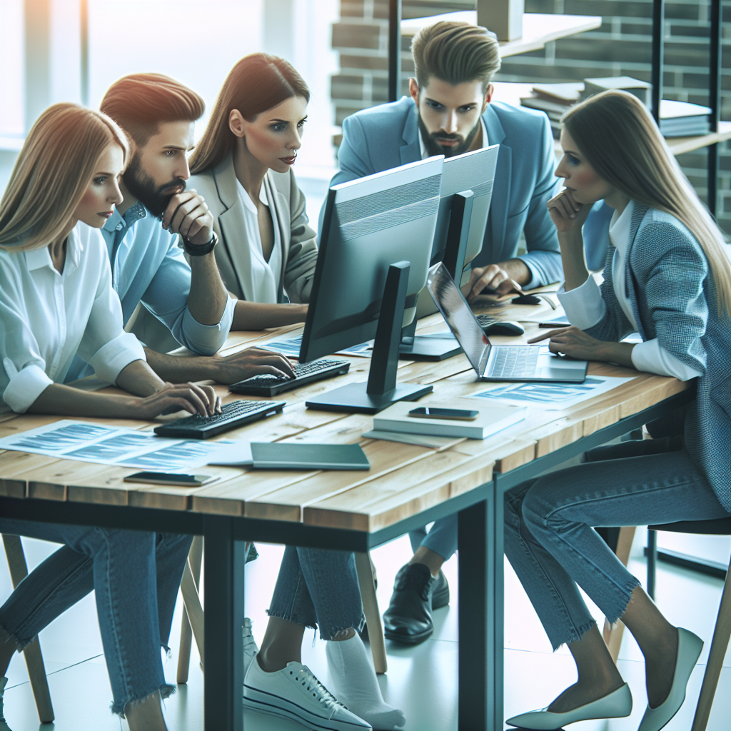 Grup de persoane de tip european, lucrand la computere in birou, discutand despre promovarea in cautari si strategia <a href=