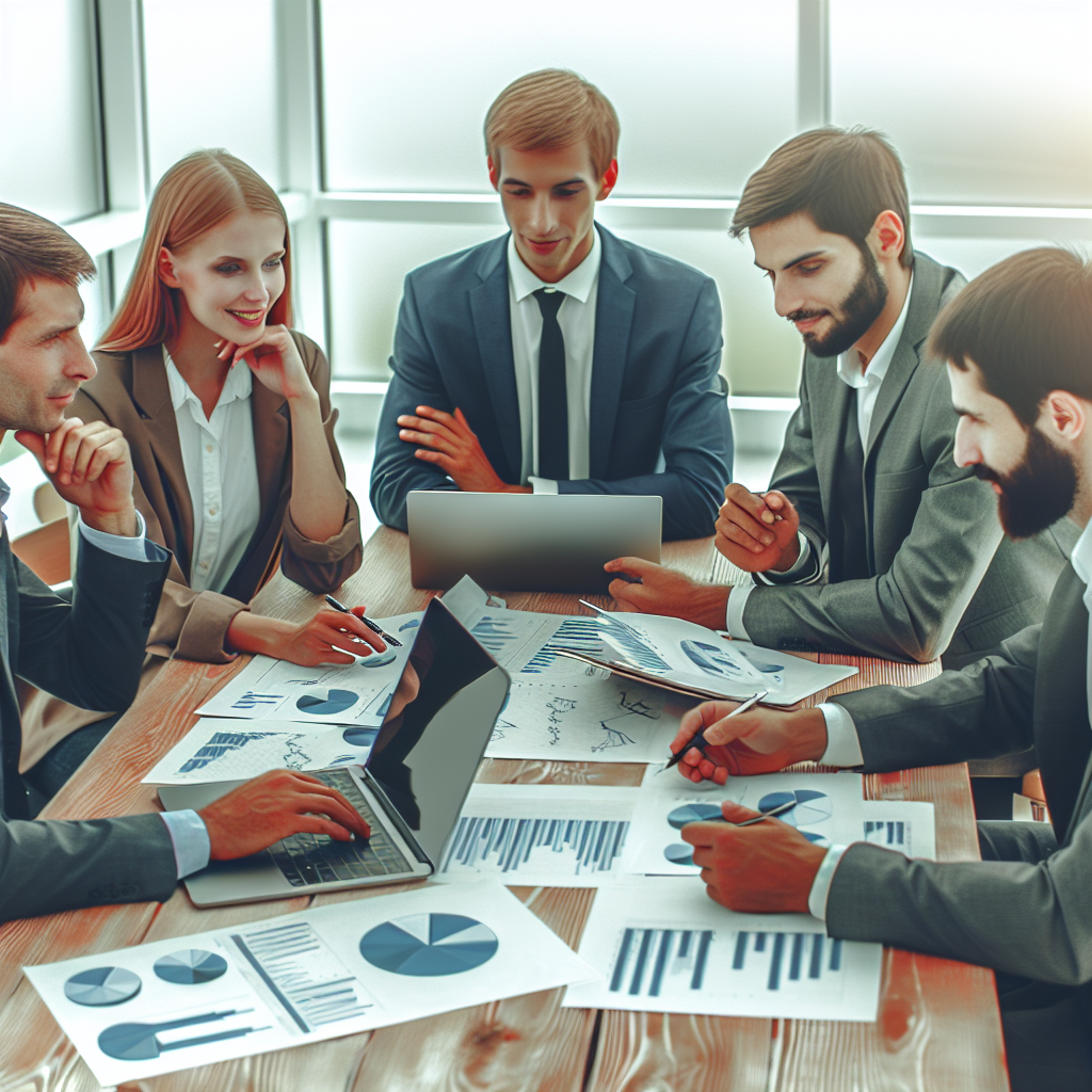 Imagine cu un grup de persoane discutand despre avantajele sistemului CRM. Toate persoanele au trasaturi europene si se afla intr-un mediu de birou, pe masa fiind laptopuri si documente cu grafice.